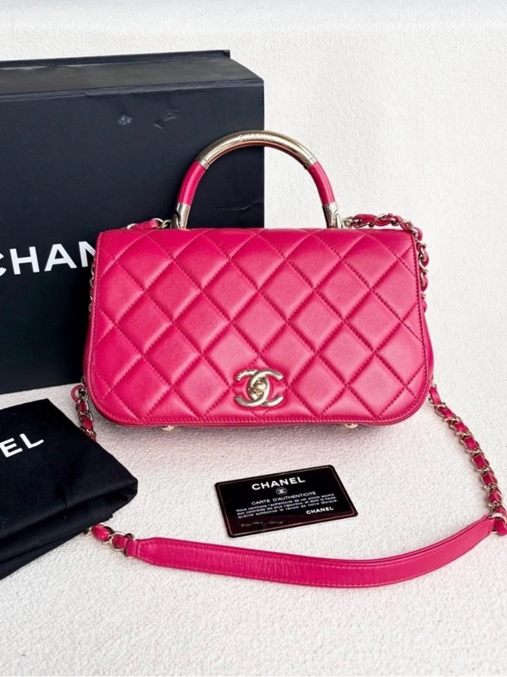 CHANEL Hot Pink Quilted Leather Top-Handle Shoulder Bag - AUTHENTIC